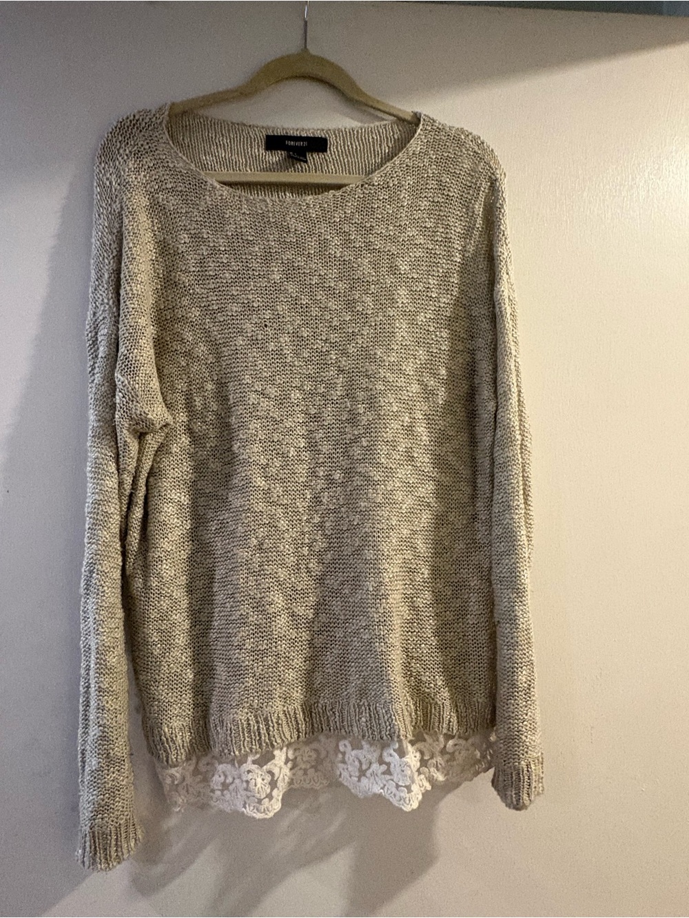 Large Forever 21 Cream Knit Crewneck Sweater with Lace Trim